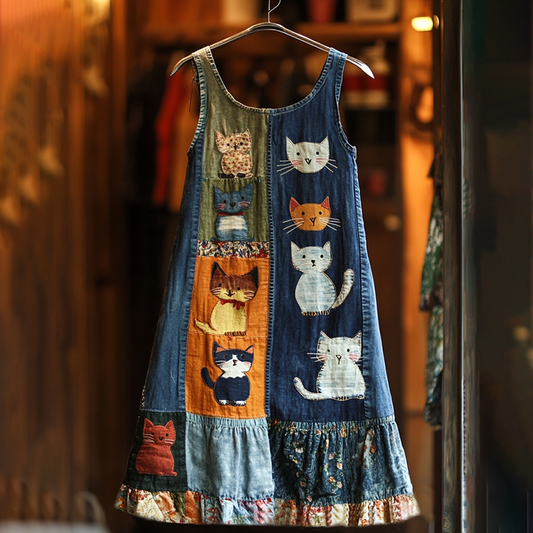Comstylish Casual Pop Art Patchwork Denim Cat Print Dress