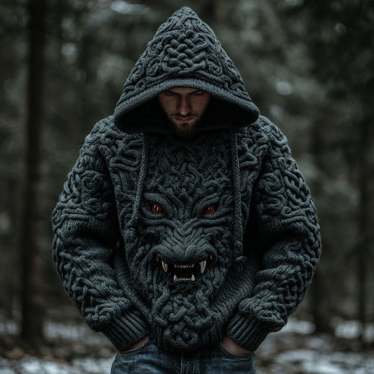 Men's Viking Dragon Style Celtic Jacquard Knitted Hooded Sweater artswardrobe