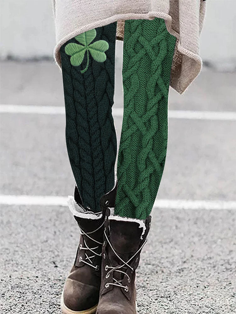 Irish Shamrock Embroidered Jacquard Cozy Leggings artswardrobe