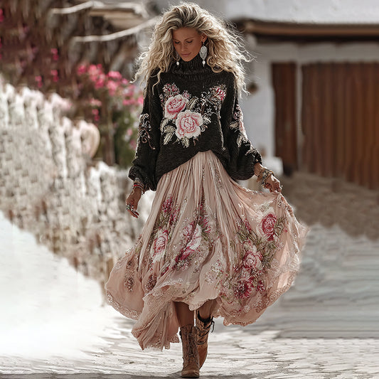 Vintage Rose In White Art Cozy Knit Turtleneck Sweater And Linen Skirt Two-piece Set artswardrobe