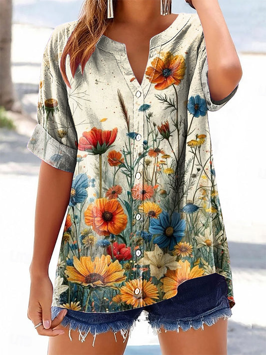Women's Floral Pattern Art Print Casual Cotton Linen Short Sleeve Shir
