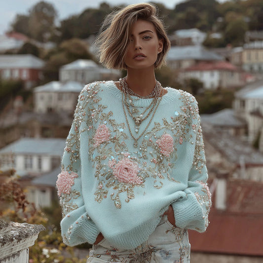 Comstylish Women's Vintage Bohemian Floral Knit Crew Neck Sweater