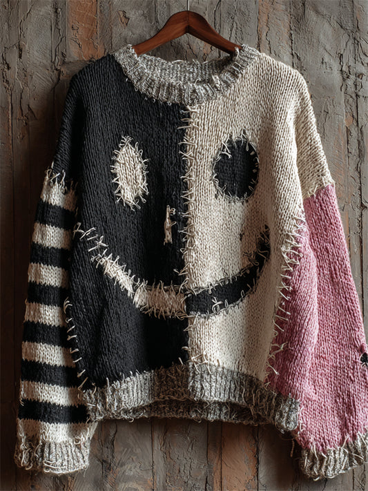 Halloween Spooky Face Contrast Stitched Cozy Knit Sweater elevenforest