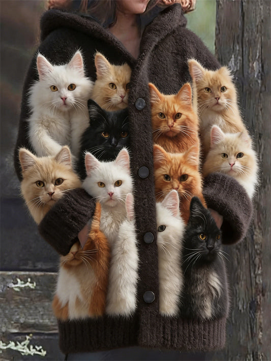 Comstylish Lovely Fuzzy Cats Cozy Knit Hooded Cardigan