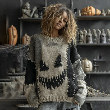 Halloween Spooky Face Contrast Stitched Cozy Knit Sweater elevenforest