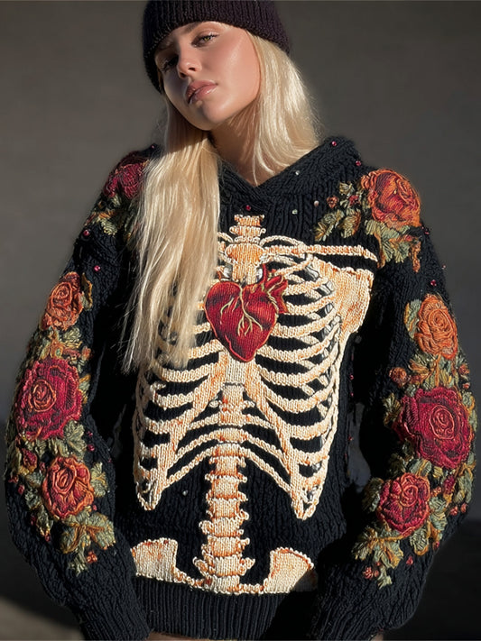 Comstylish Halloween Human Skeleton & Floral Embroidery Women's Knit Sweater