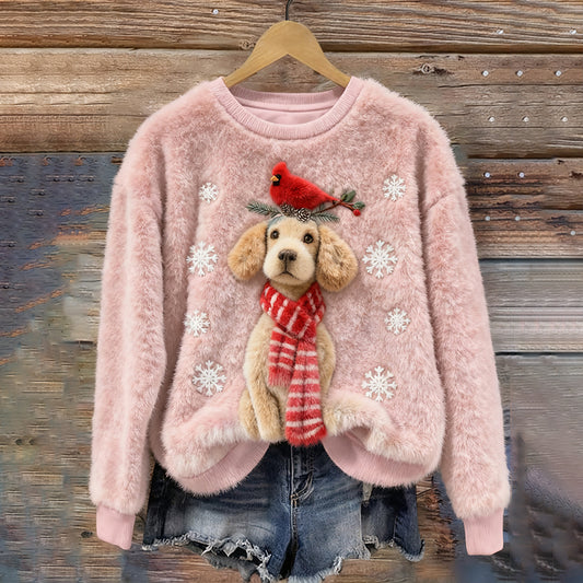 Comstylish Christmas Cute Dog And Birds Art Plush Pattern Sweater