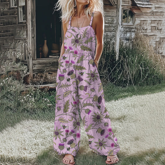 Women's Scottish Thistle Print Casual Loose Jumpsuit artswardrobe