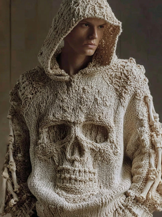 Men Halloween Big Skull White Vintage Hooded Sweater elevenforest