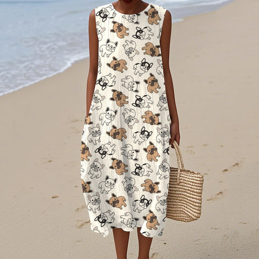 Retro French Bulldog Art Linen Tank Midi Dress artswardrobe