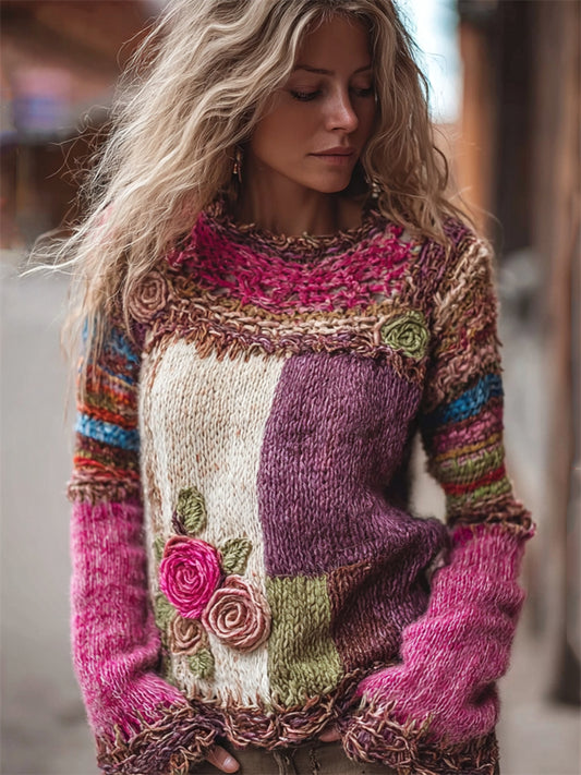 Boho Roses Crochet Colorblock Cozy Knit Sweater elevenforest