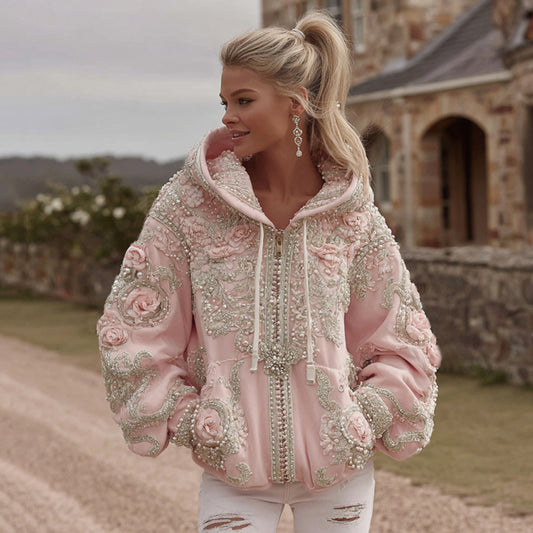 Women's Vintage Roses Embroidery Art Zip Up Hoodie