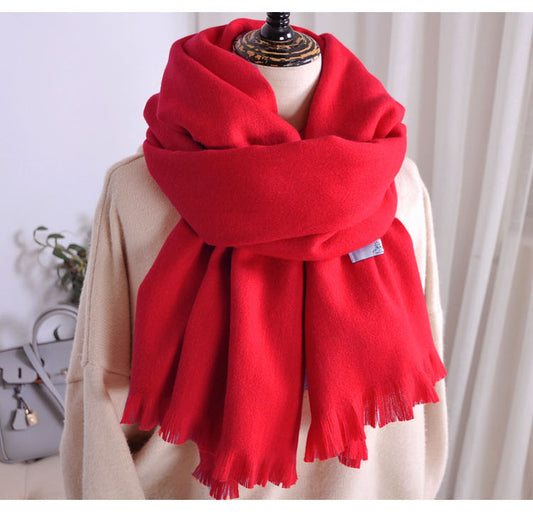 Women's Solid-color Cashmere Scarf with Thick Tassels