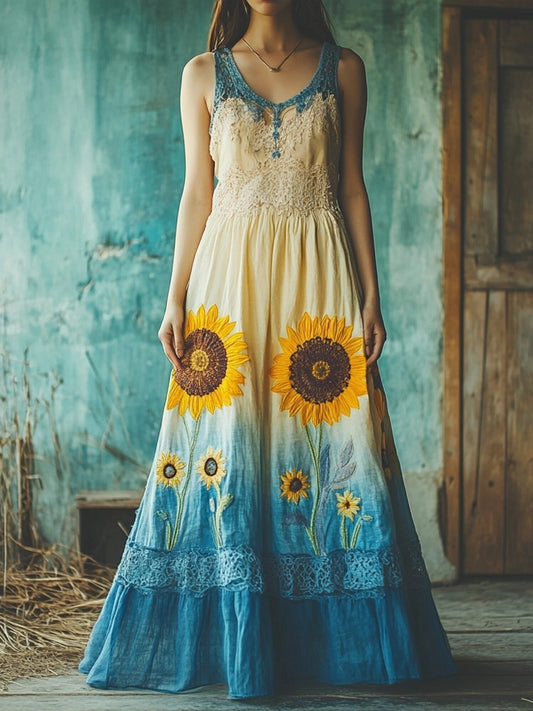 Boho Sunflower Embroidered Lace Patchwork Linen Tank Dress artswardrobe