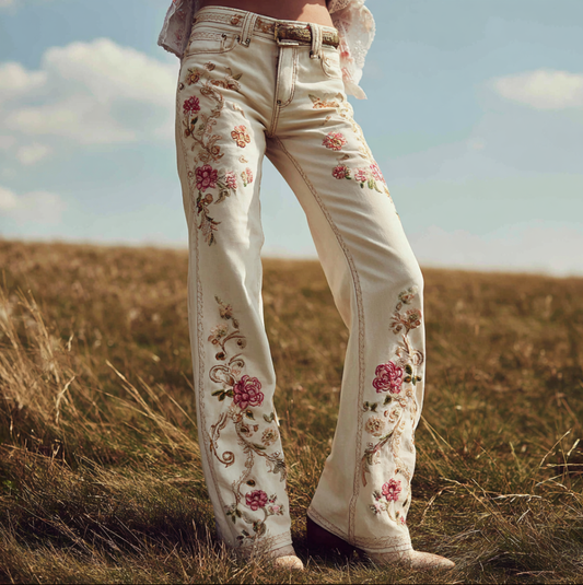 Bohemian Style Pink Rose Embroidery Pattern Women's Skinny Jeans