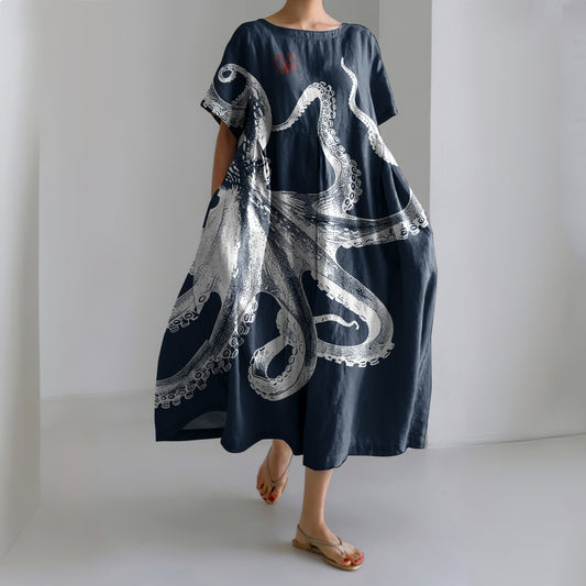 Comstylish Vintage Japanese Art Octopus Print Casual Midi Dress