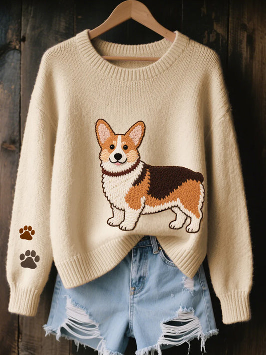 Comstylish Women's Lovely Corgi Dog Felt Art Cozy Knit Sweater
