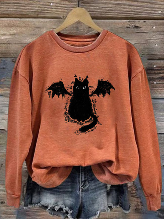 Women's Casual Demon Black Cat Print Sweatshirt elevenforest