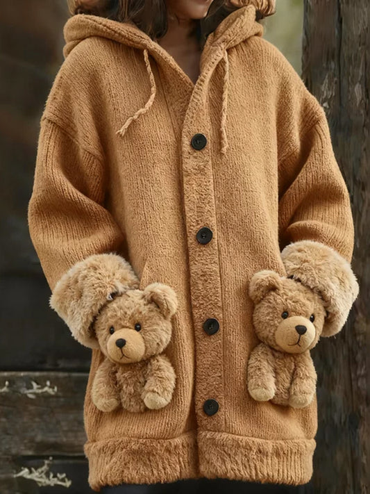 Cute Teddy Bear Vintage Hooded Cardigan Sweater