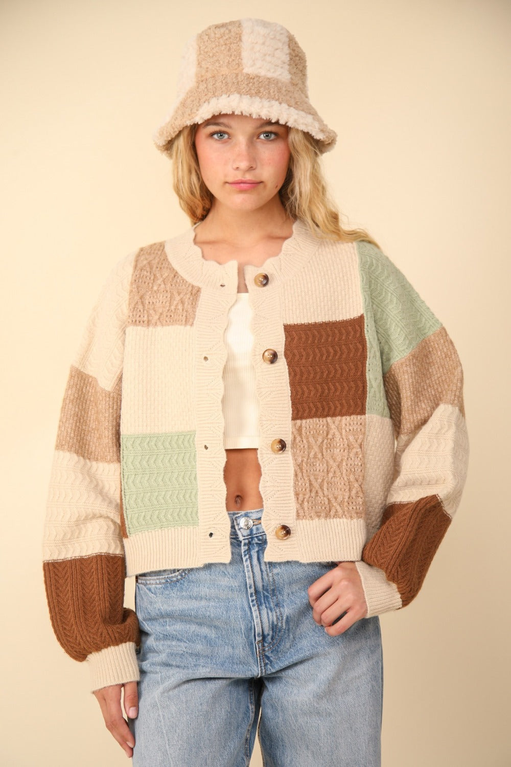 Margarita® | Textured sweater cardigan with color block buttons