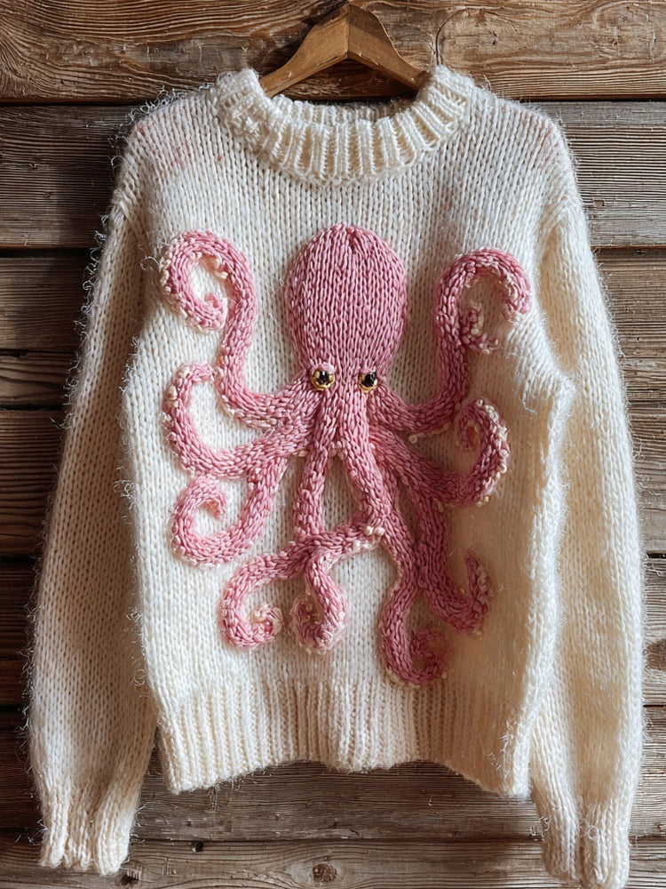 Pink Octopus Embroidered Crew Neck Cozy Knit Sweater artswardrobe