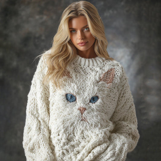 Women's Cute Cat Face Embroidered Cozy Knit Pullover Sweater