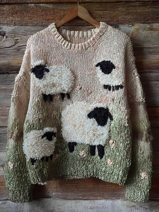 Comstylish Cute Fuzzy Blacknose Sheep Embroidered Cozy Knit Sweater