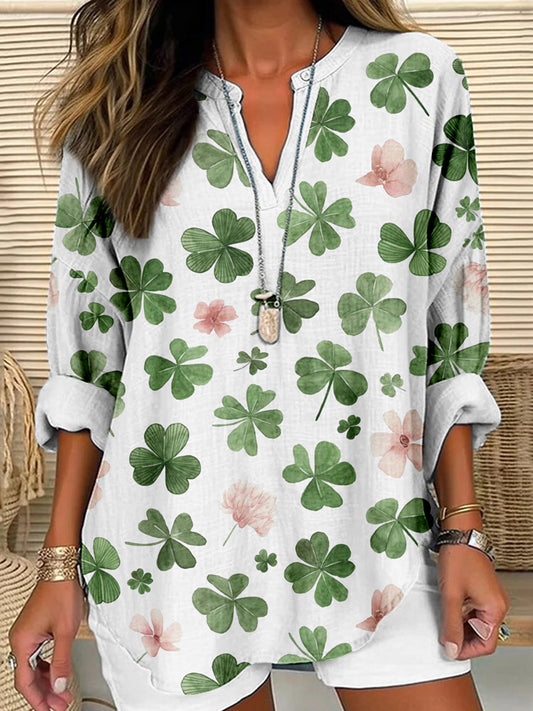 Comstylish Clovers And Florals Pattern Linen Blend Cozy Shirt
