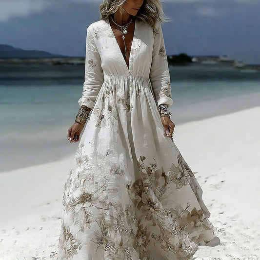 Women's Vintage Floral Printed Art V-neck Long Sleeve Maxi Dress