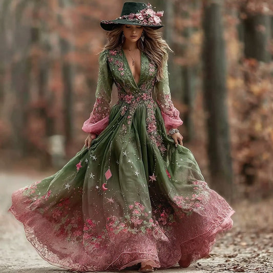 Women's Floral And Star-moon Art Print Casual Long Dress