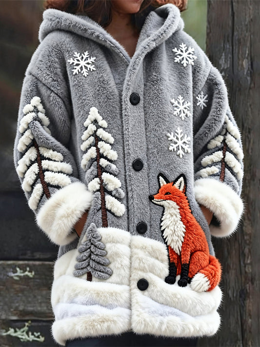 Comstylish Snowy Forest Fox Pattern Women's Knit Hooded Cardigan