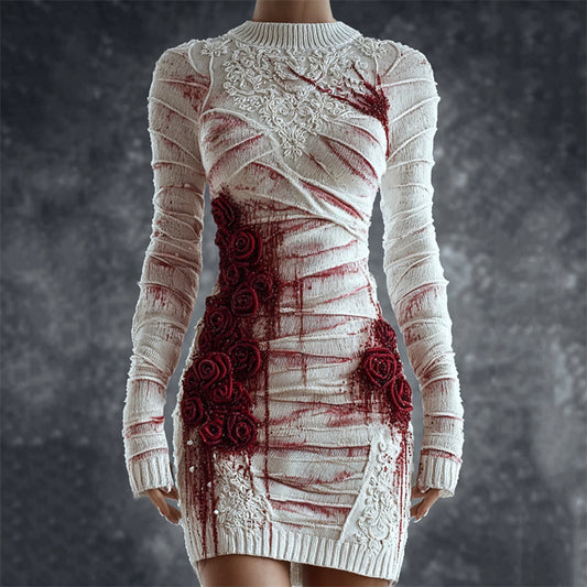 Comstylish Bloody Bandages & Roses Lace Embroidered Cozy Knit Sweater Dress