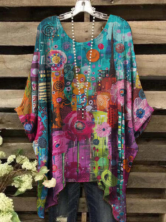 Women's Oil Painting Abstract Print Vintage Top