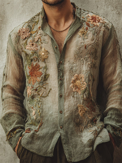 Men's Vintage Boho Floral Embroidered Flowy Linen Shirt artswardrobe