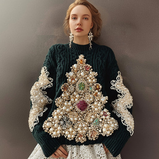 Women's Vintage Christmas Tree Embroidered Pearl Dress artswardrobe
