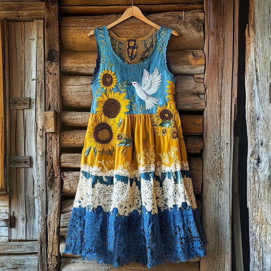 Women's Retro Dove Of Peace And Sunflower Lace Art Tank Dress artswardrobe