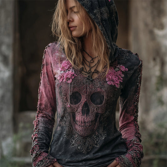Comstylish Vintage Skull Floral Fiber Art Pink Dyed Hooded T Shirt