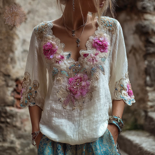Bohemian Style V-neck Butterfly And Flower Embroidery Cotton And Linen Short Sleeve