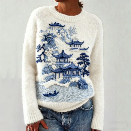 Japanese Buildings Pine Trees Mountain Landscape Embroidered Cozy Sweater