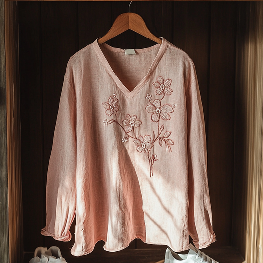 Boho Floral Cherry Embroidery Print Cotton And Linen Blend Loose Blouse artswardrobe