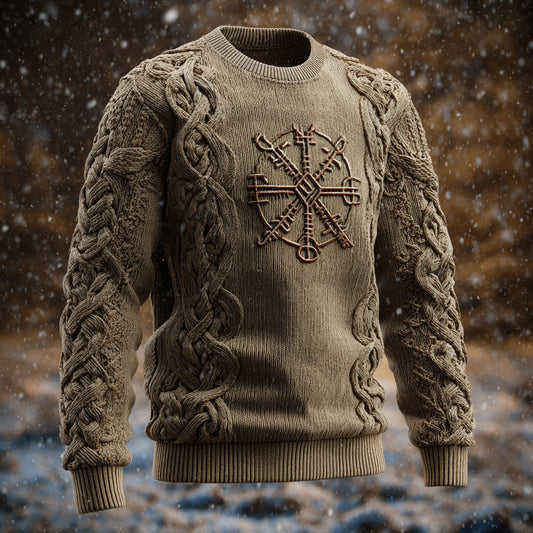 Men's Vintage Viking Vegvisir Pattern Knit Crew Neck Sweater artswardrobe
