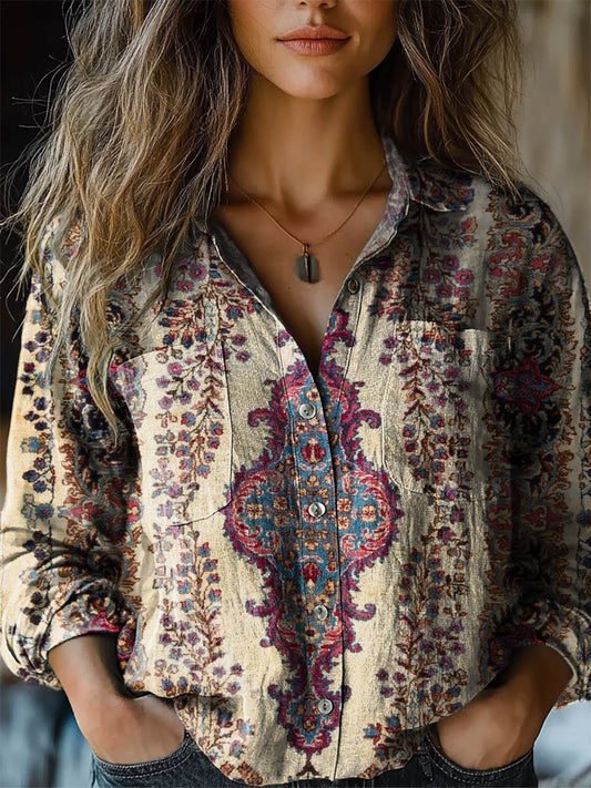 Women's Vintage Lovely Floral Art Print Casual Long Sleeve Comfortable
