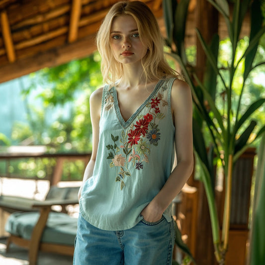Women's Retro Boho Floral Embroidery Art Tank Top artswardrobe