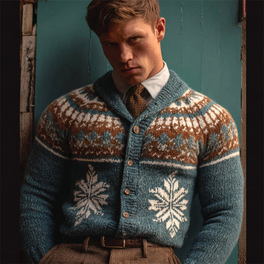 Men's 70s Retro Snowflakes Cozy Knit Isle Cardigan artswardrobe