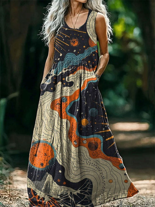 Women's Planet Pattern Art Print Round Neck Sleeveless Cotton Pocket D