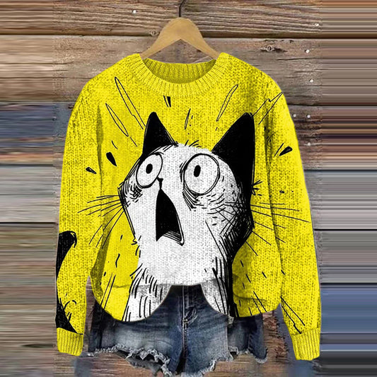 Funny Shocked Cat Print Cozy Knit Sweater elevenforest