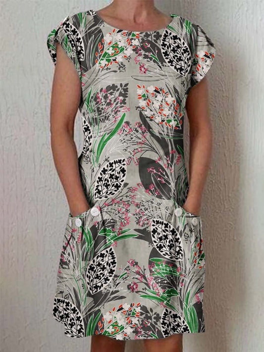 Women's Classic Floral Pattern Vintage Cotton and Linen Dress with Pockets