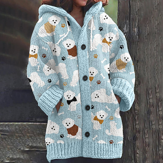 Comstylish Cute Dog Print Long Sleeve Knitted Hooded Cardigan