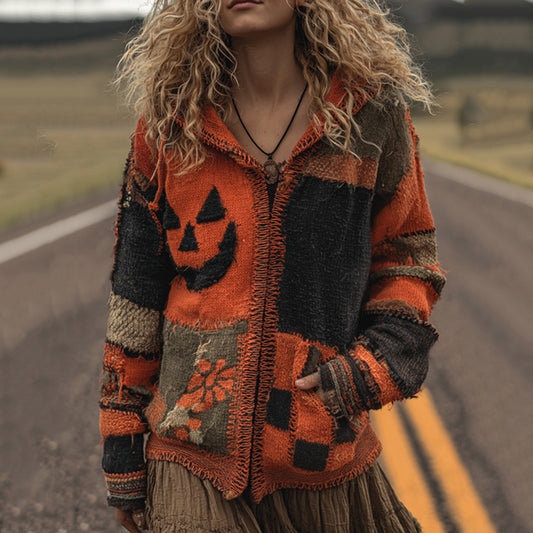 Patchwork Halloween Pumpkin Face Art  Cozy Knit Hooded Cardigan elevenforest