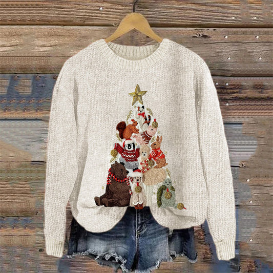 Comstylish Merry Christmas Cute Animals Enjoying Winter Christmas Tree Art Cozy Knit Sweater